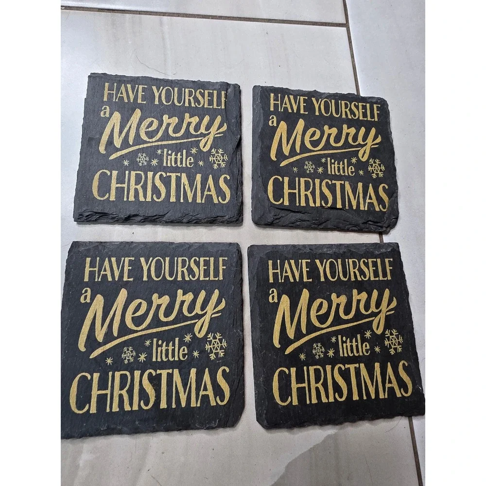 Merry Little Christmas Slate Coasters Set of 4 Black Gold Holiday Decor 4x4 G3